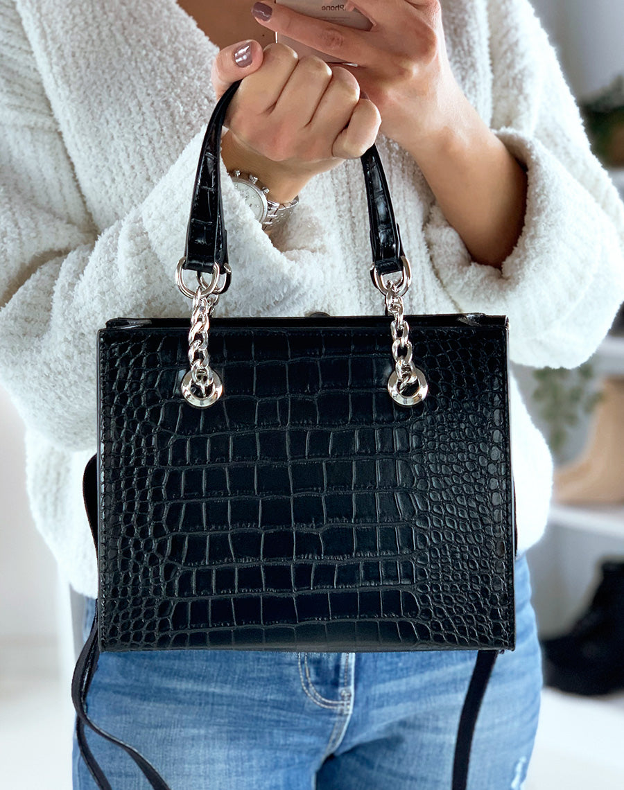 Sac à main noir effet croco à chaînes argentées