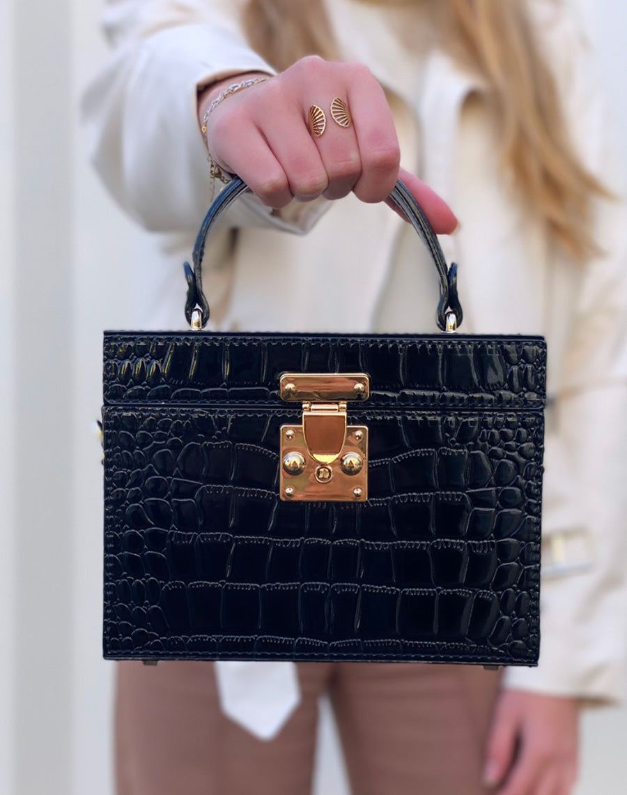 Sac à main noir effet croco style mallet