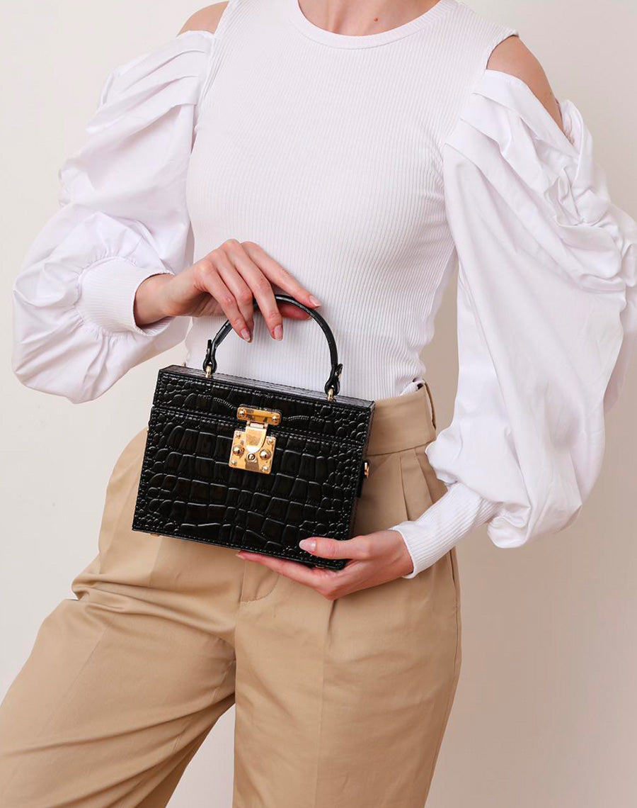 Sac à main noir effet croco style mallet