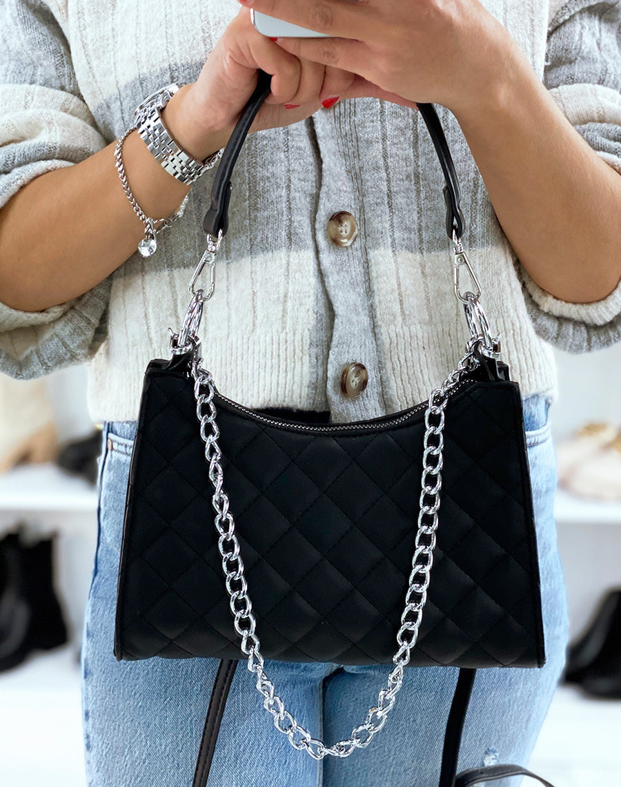 Sac à main noir matelassé à chaîne argentée