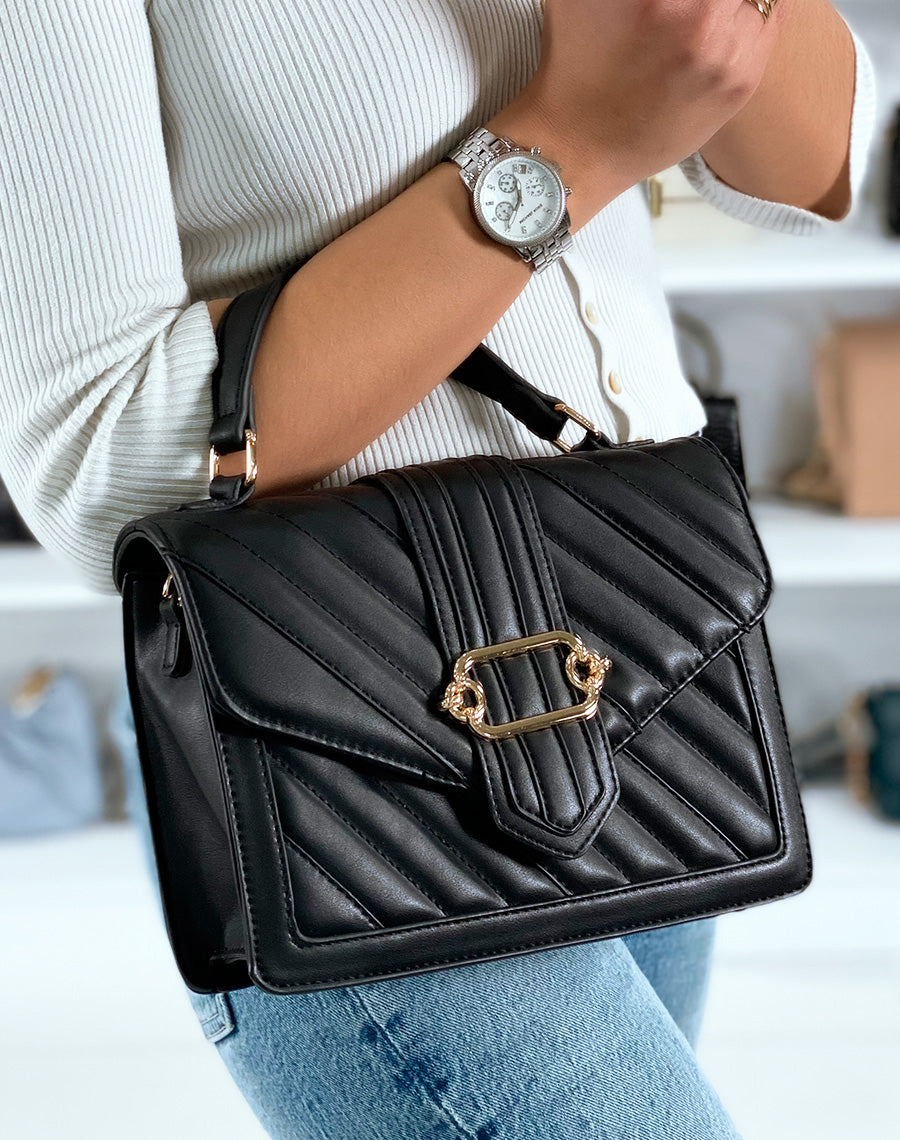 Sac à main noir matelassé à détail doré