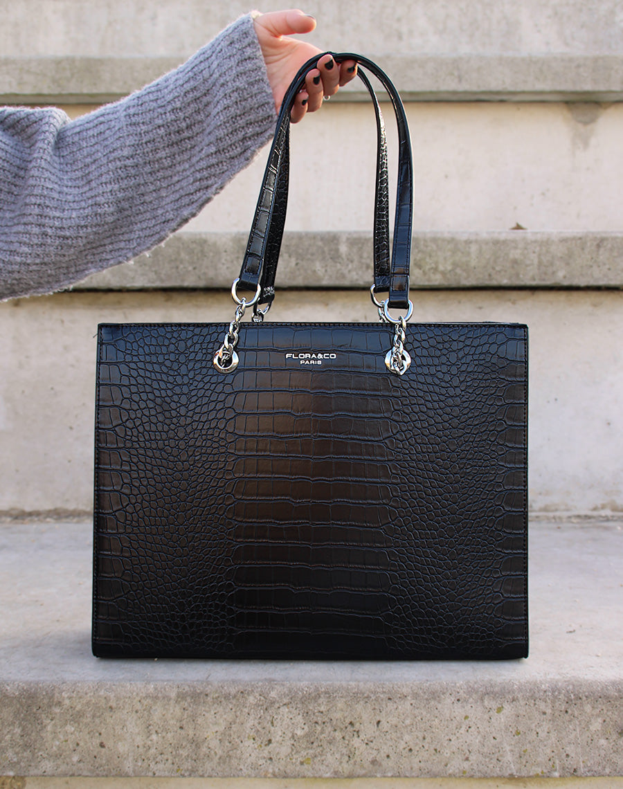Sac à main noir type cabat effet croco