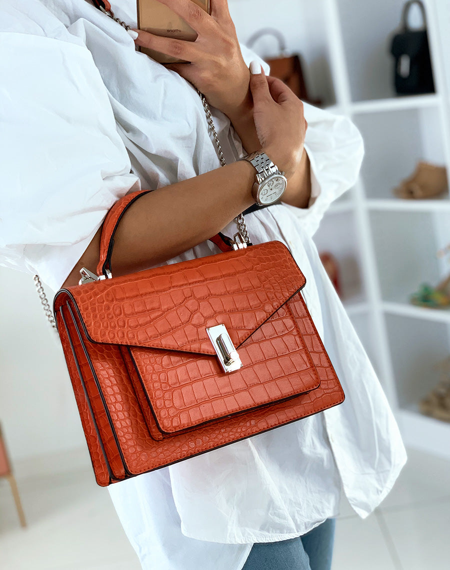 Sac à main orange effet croco
