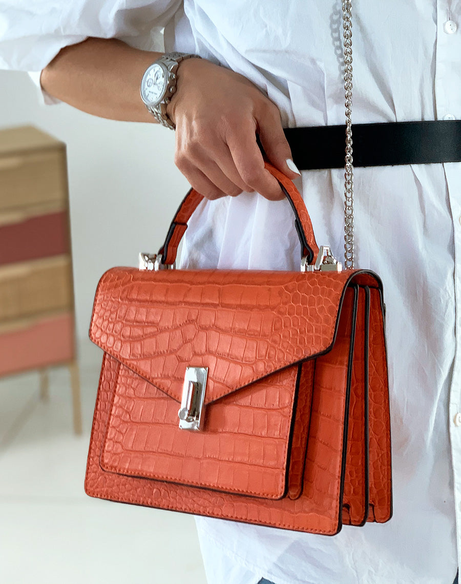 Sac à main orange effet croco