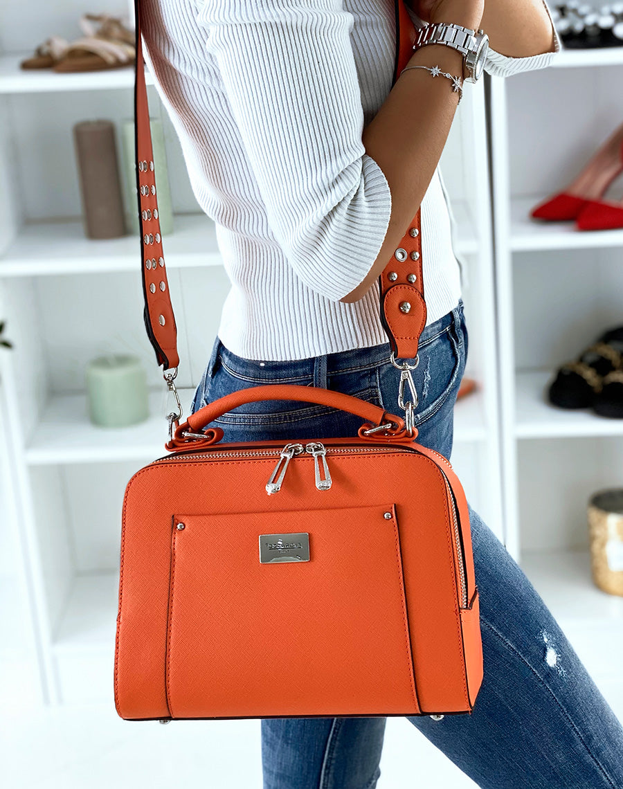 Sac à main orange style cartable à double poche