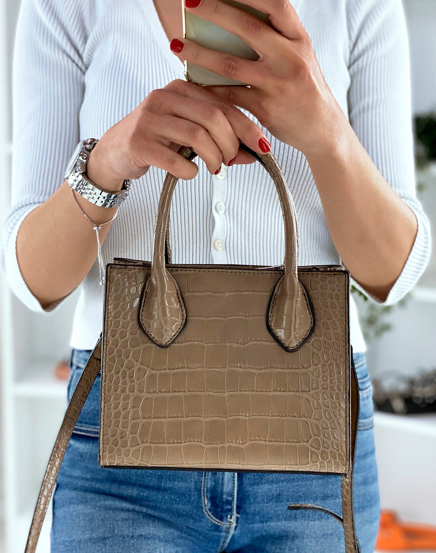 Sac à main petit taupe effet croco