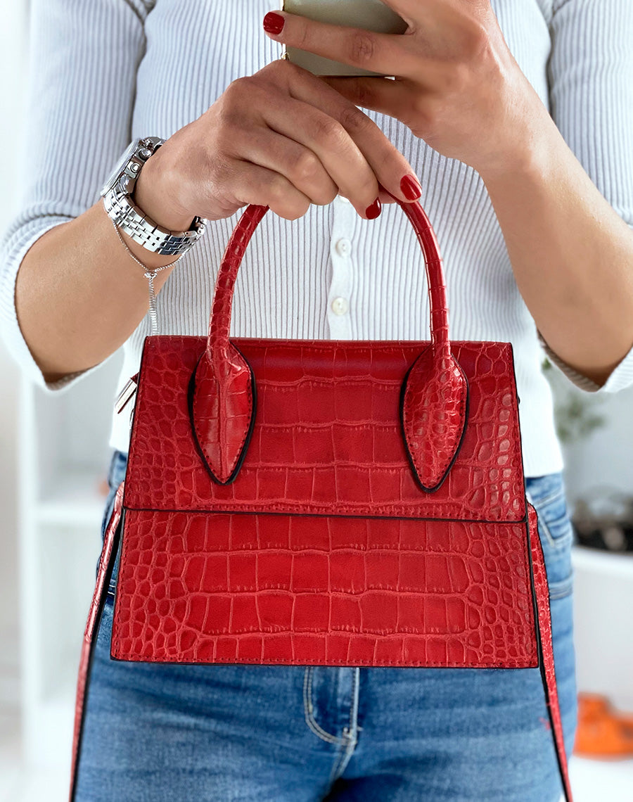 Sac à main petit trapèze rouge effet croco