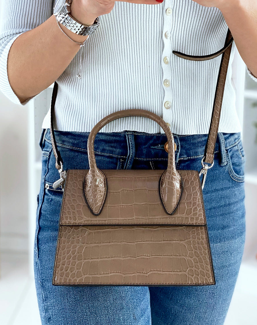 Sac à main petit trapèze taupe effet croco