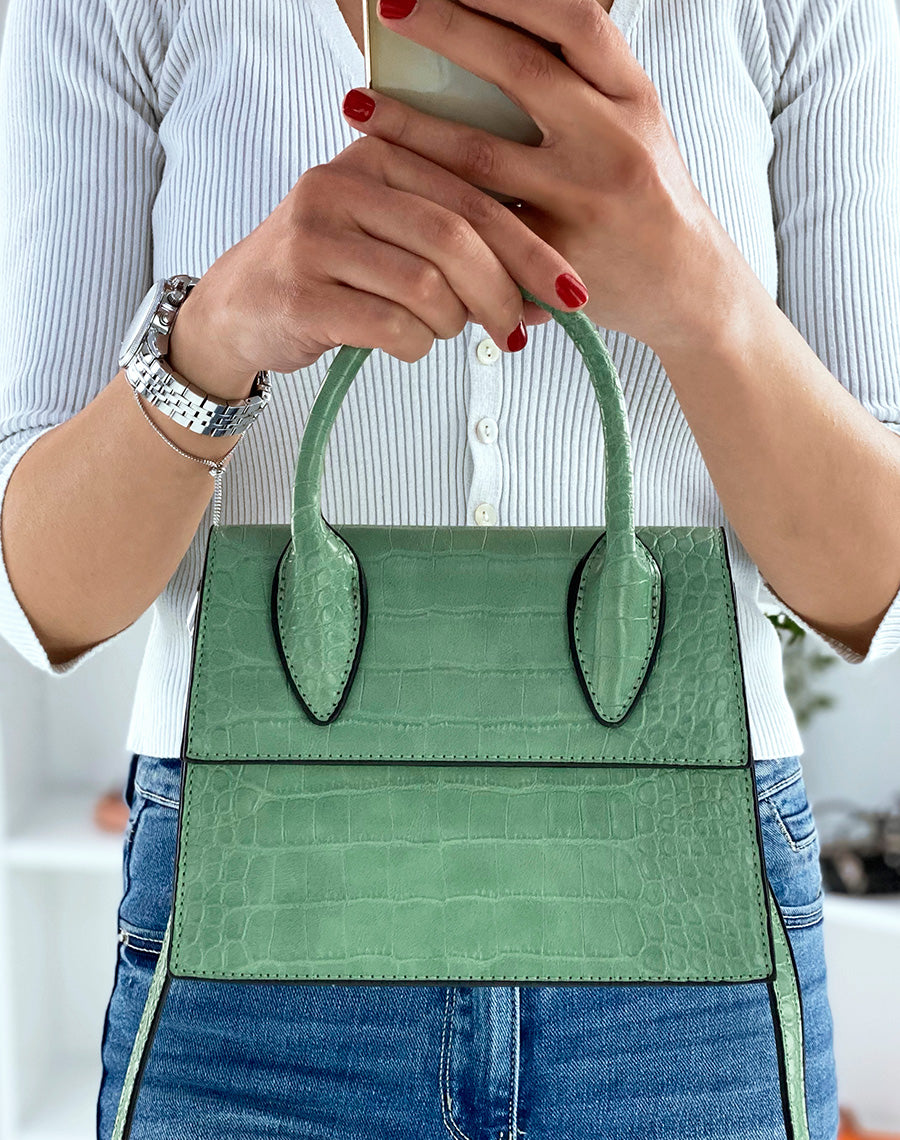 Sac à main petit trapèze vert d’eau effet croco