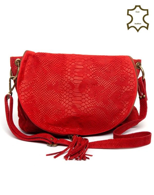 Sac à main rouge Palme en croûte de cuir à motif écailles de reptile