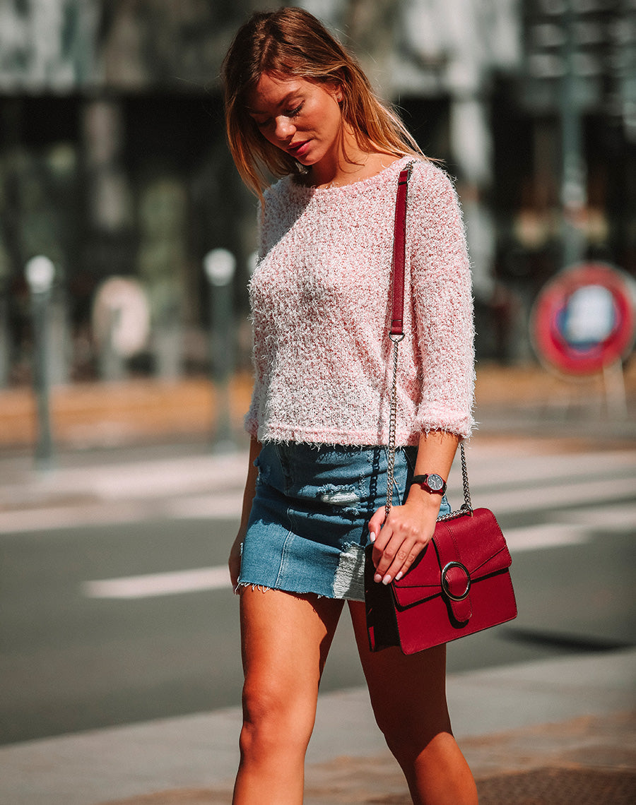 Sac à main texturé bordeaux effet double rabats et boucle argentée