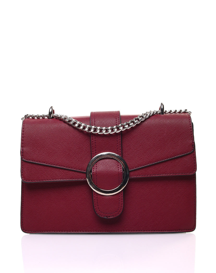 Sac à main texturé bordeaux effet double rabats et boucle argentée