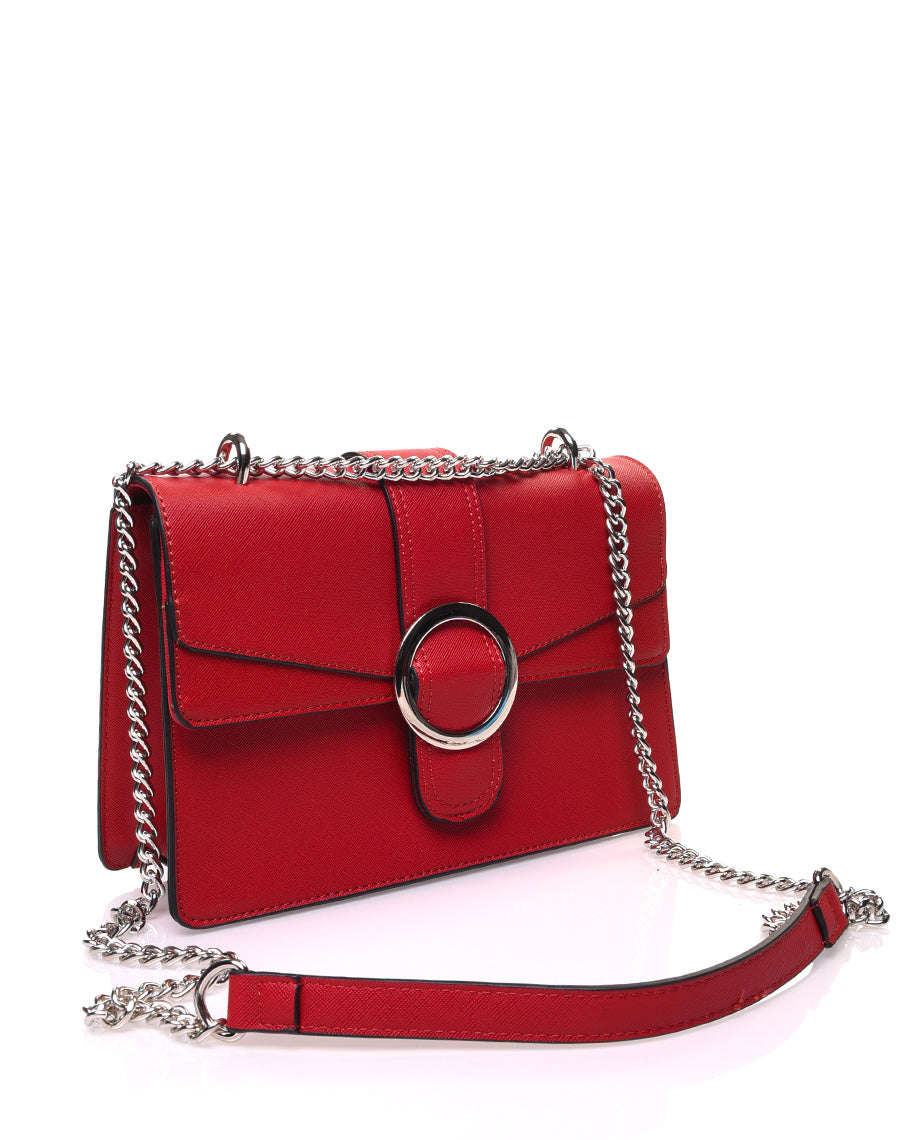 Sac à main texturé rouge effet double rabats et boucle argentée