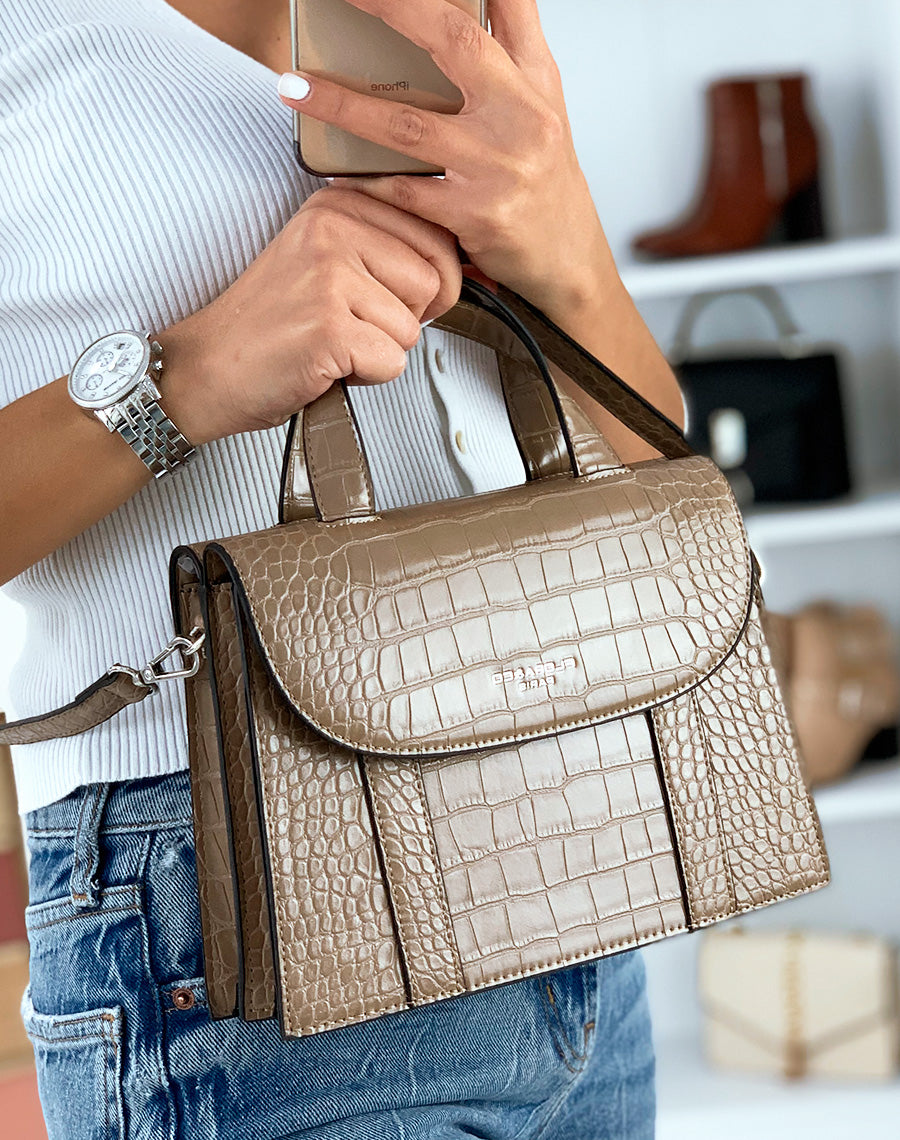 Sac à main trapèze à double ouverture effet croco beige taupe