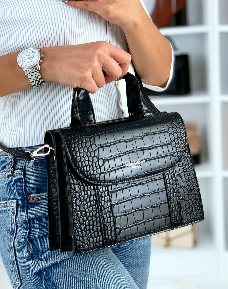 Sac à main trapèze à double ouverture effet croco noir