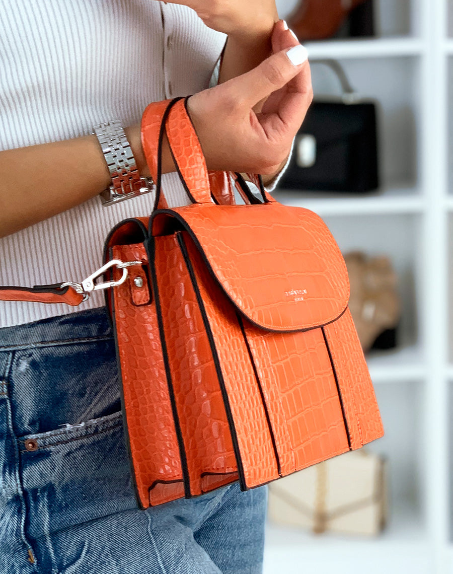 Sac à main trapèze à double ouverture effet croco orange