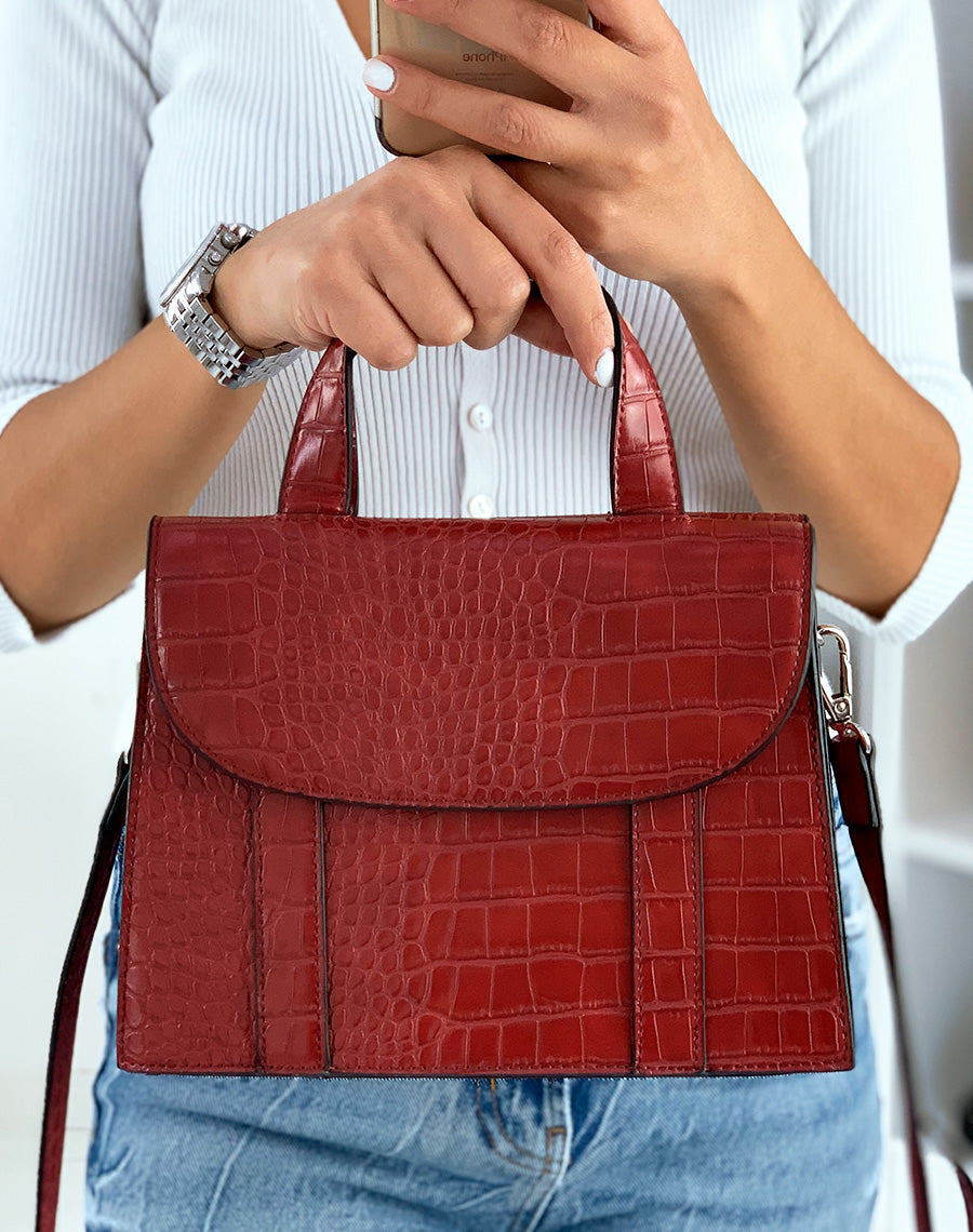 Sac à main trapèze à double ouverture effet croco rouge
