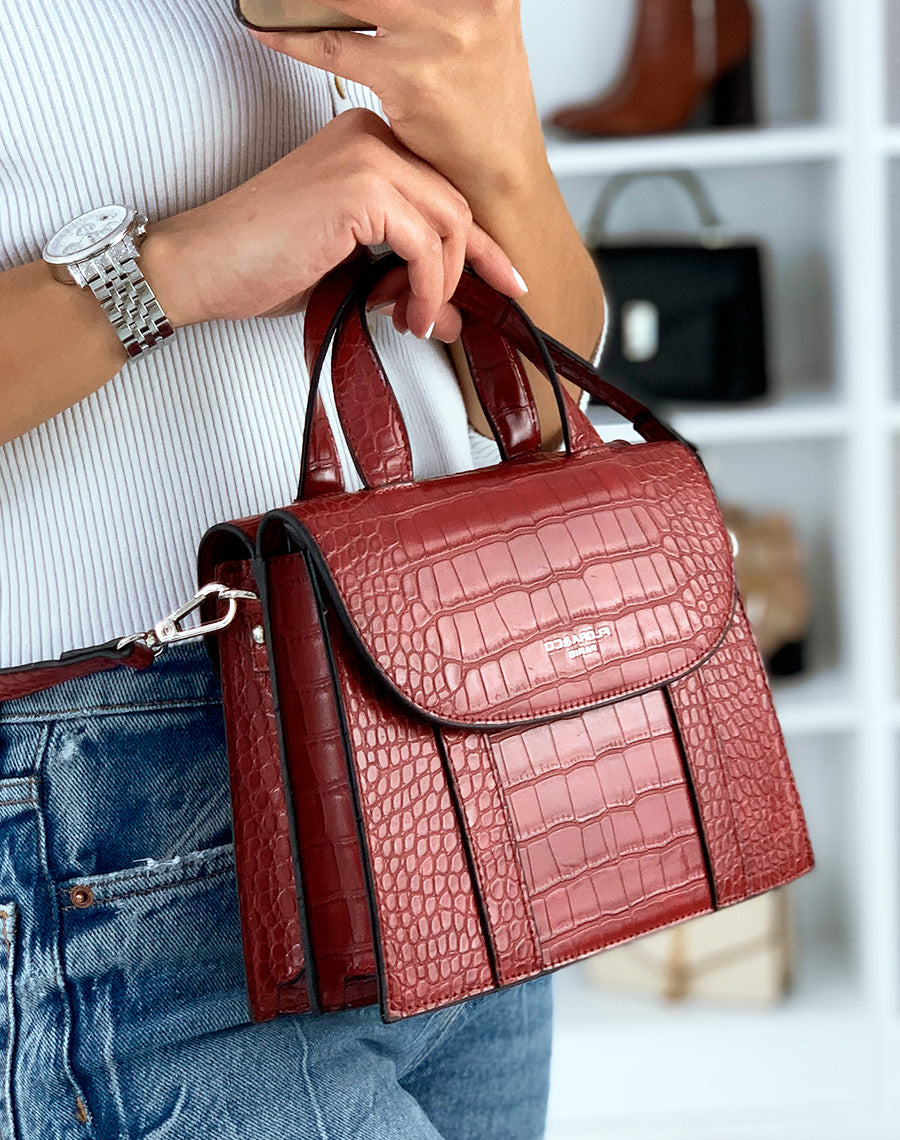 Sac à main trapèze à double ouverture effet croco rouge
