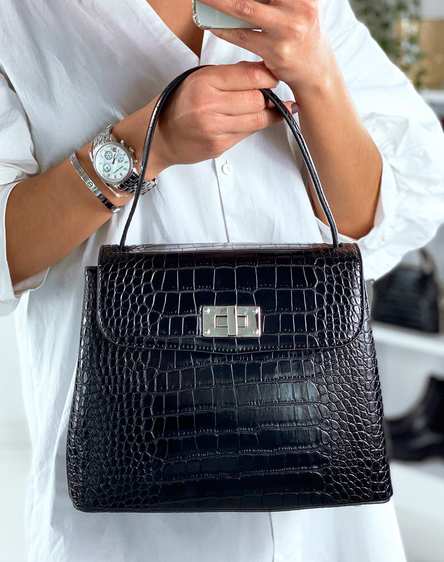 Sac à main trapèze effet croco noir
