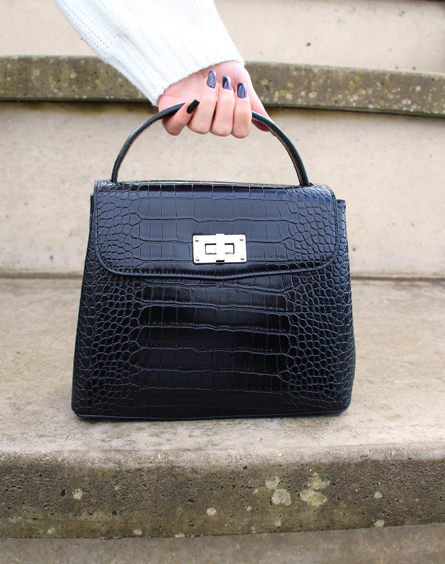 Sac à main trapèze effet croco noir
