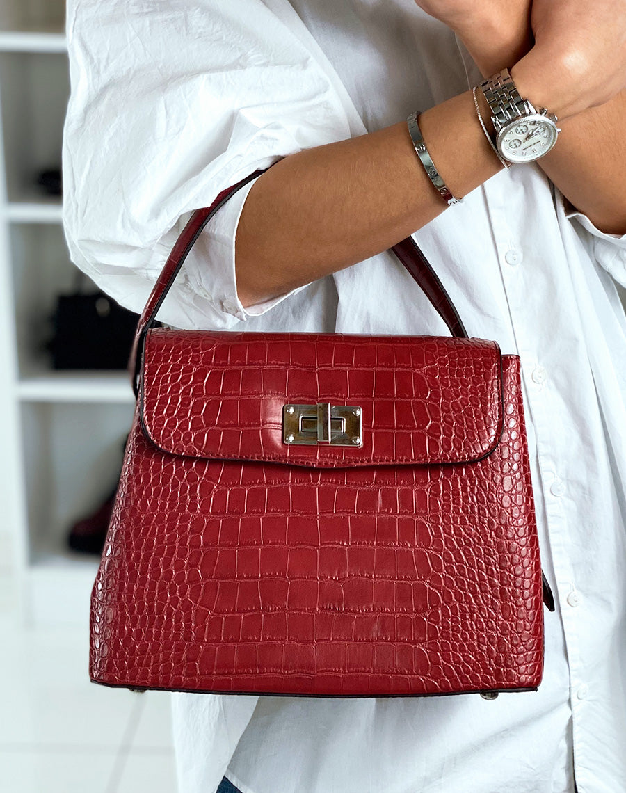 Sac à main trapèze effet croco rouge