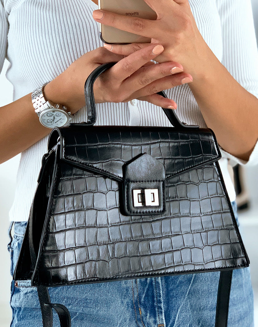 Sac à main trapèze noir effet croco