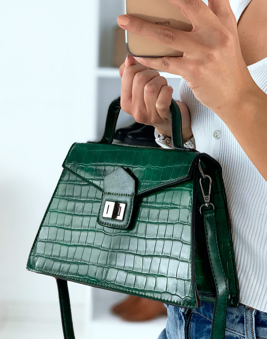 Sac à main trapèze vert effet croco