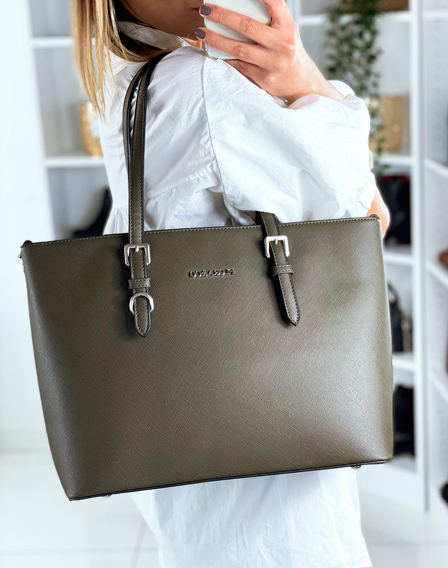 Sac à main type cabas kaki en simili cuir