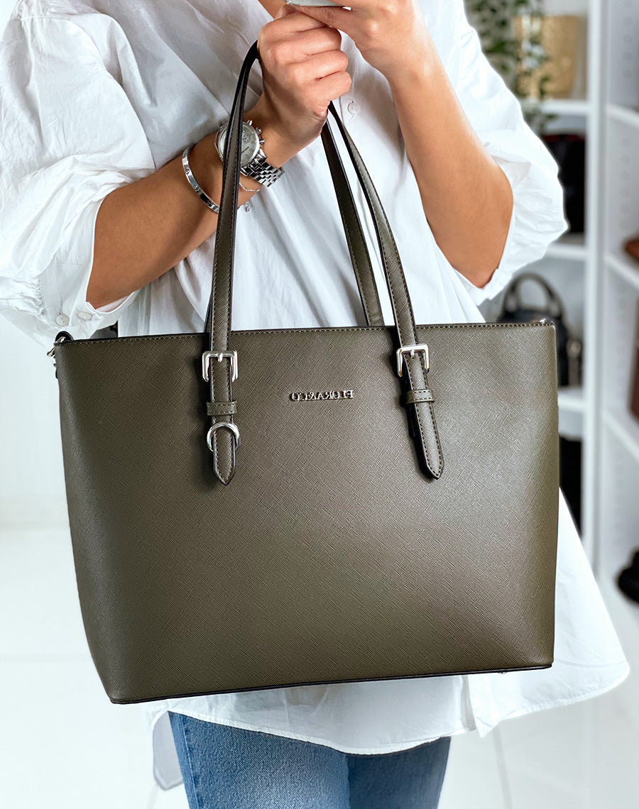 Sac à main type cabas kaki en simili cuir