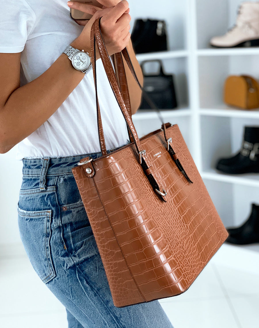 Sac à main type cabat camel effet croco