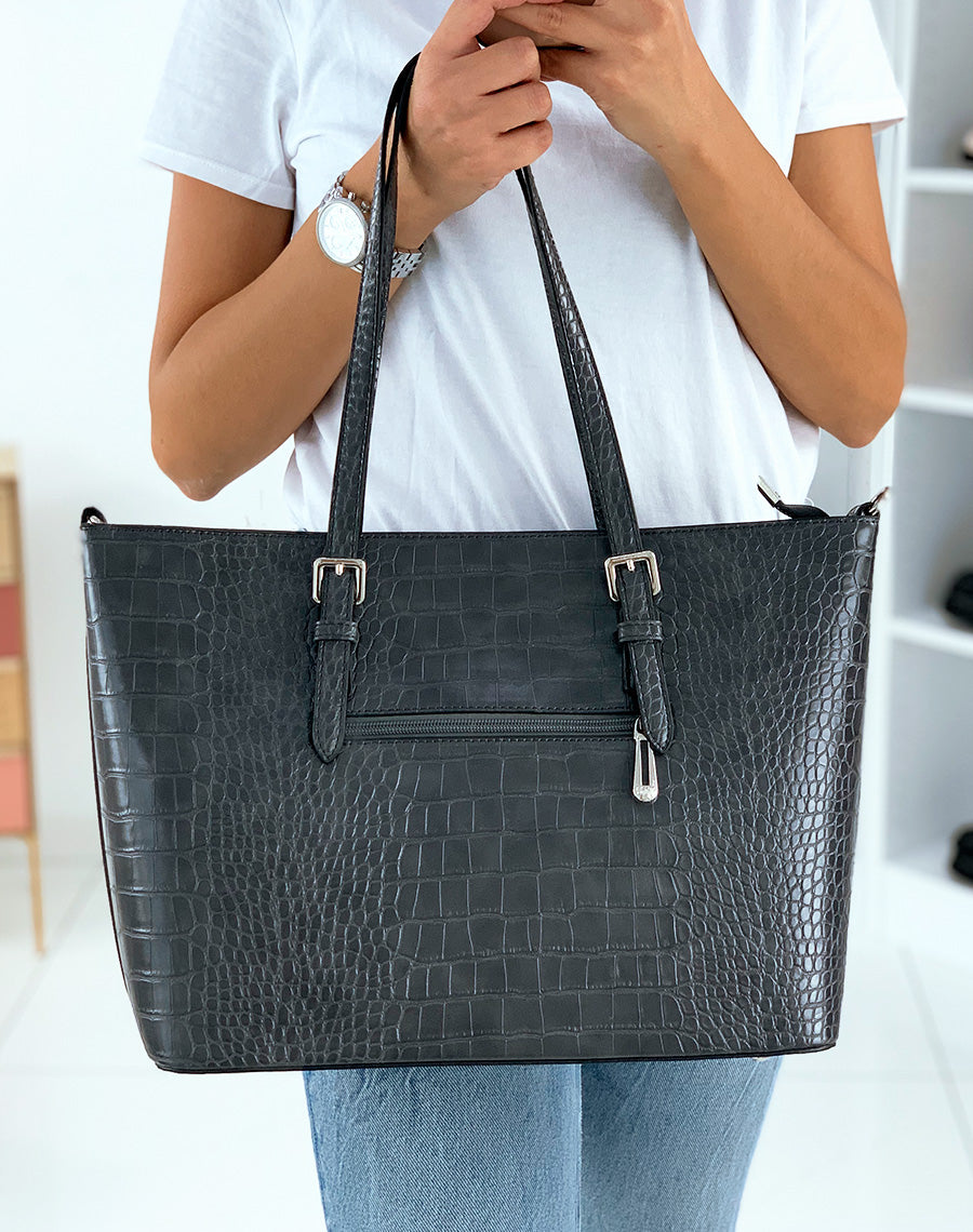 Sac à main type cabat gris effet croco