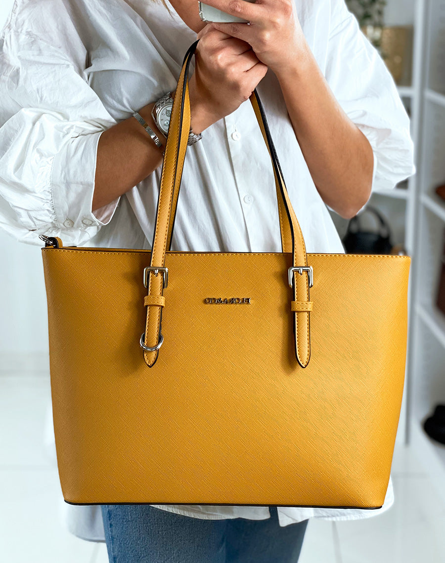 Sac à main type cabat moutarde en simili cuir