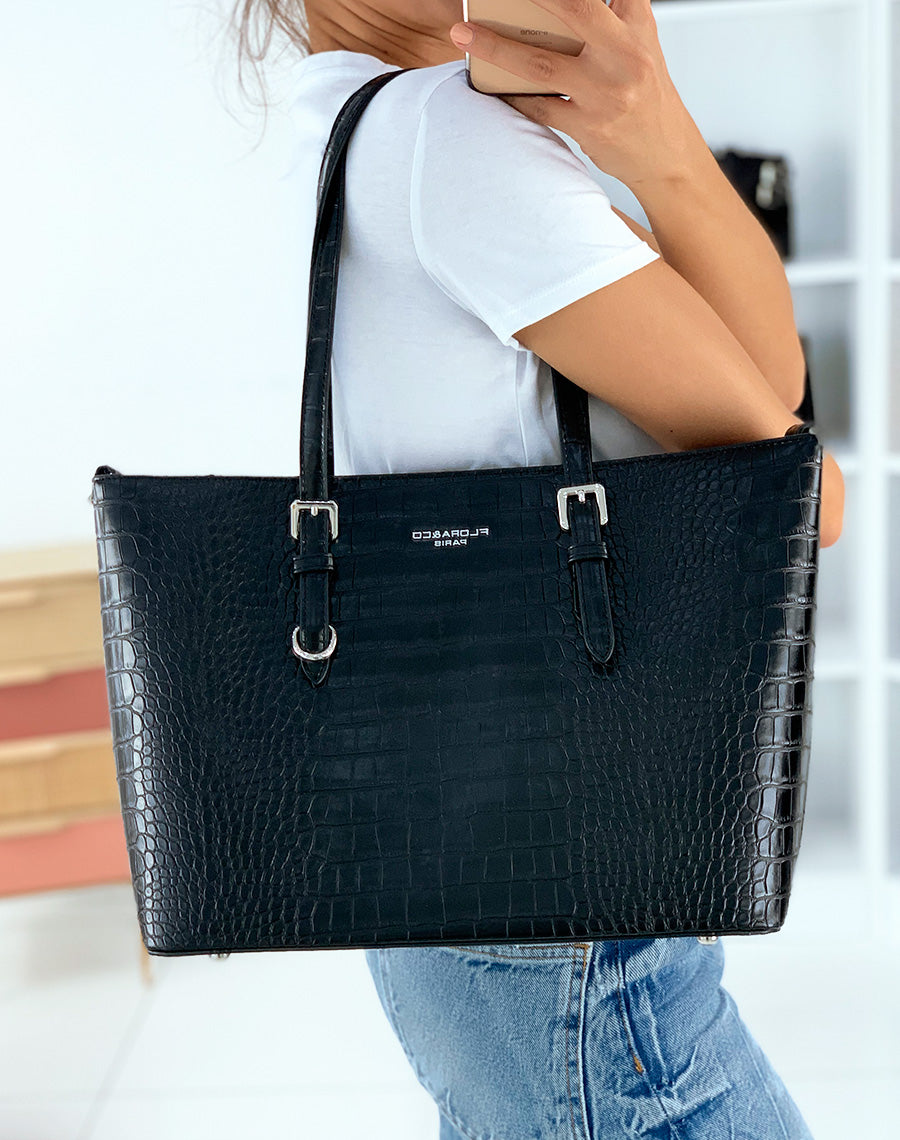 Sac à main type cabat noir effet croco