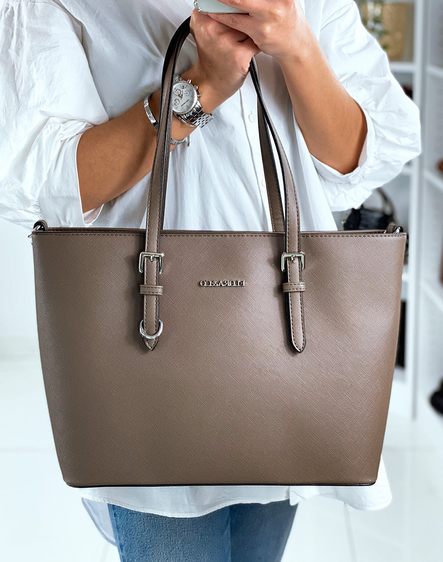 Sac à main type cabat taupe foncé en simili cuir
