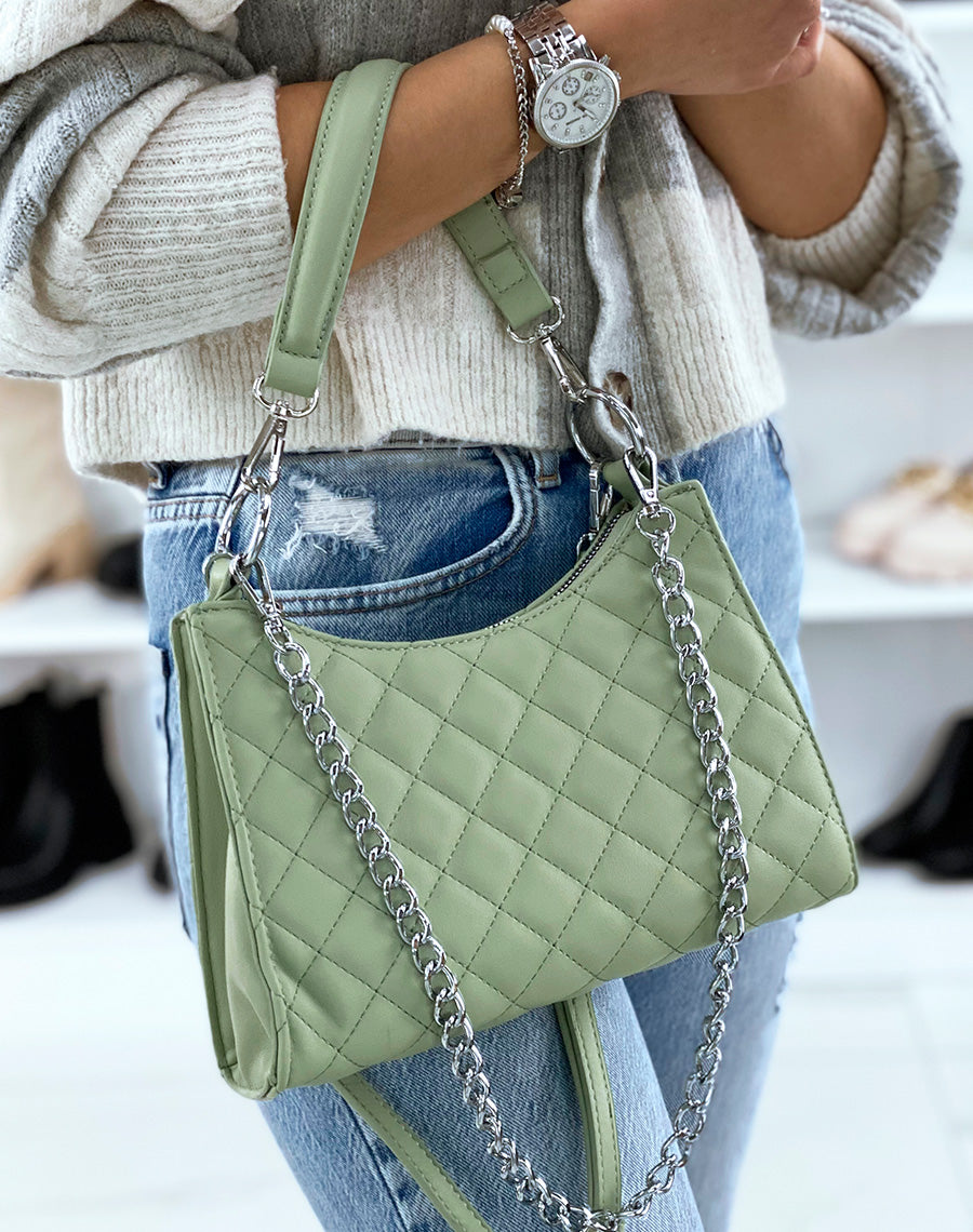 Sac à main vert pastel matelassé à chaîne argentée