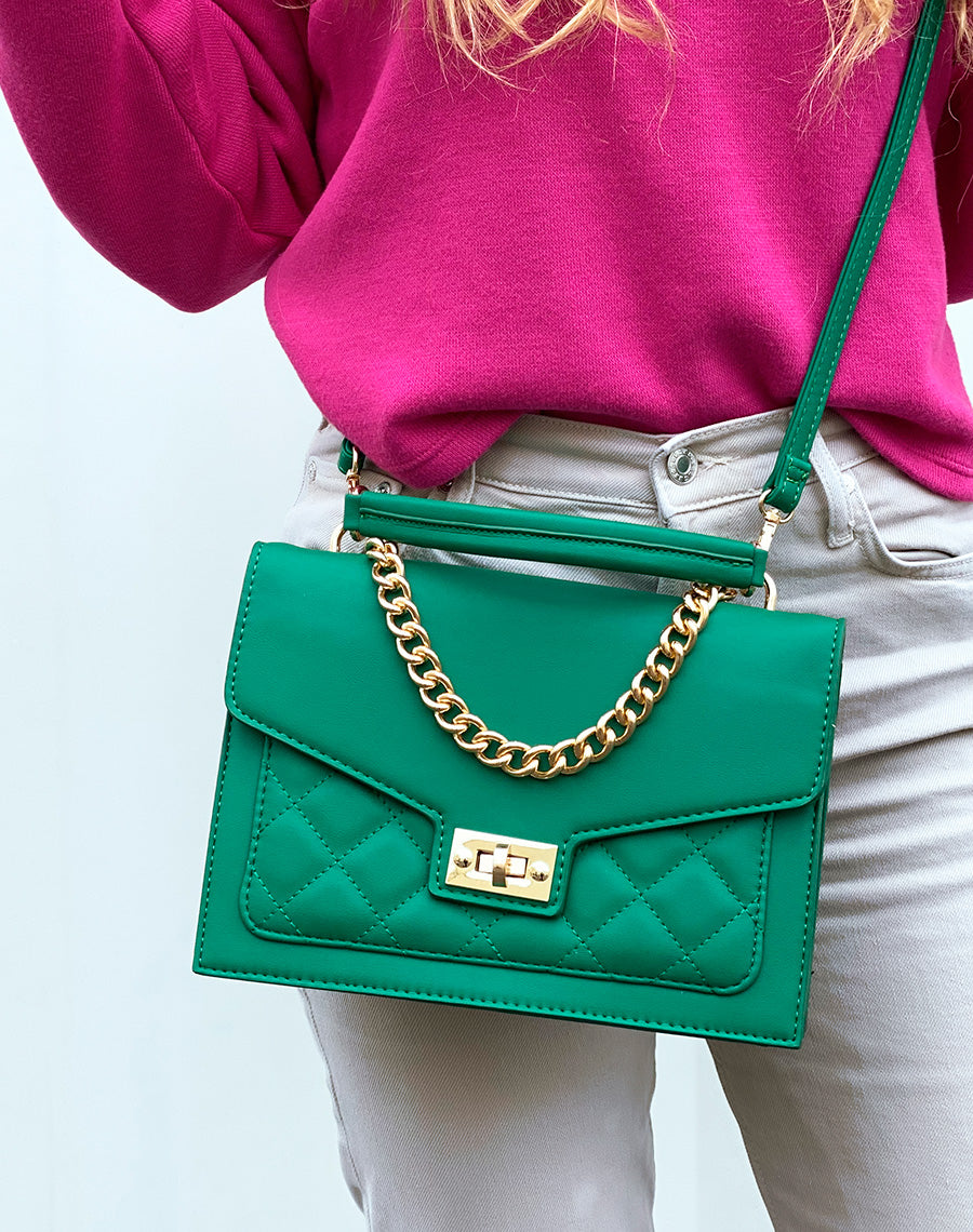 Sac à main vert style cartable à chaîne dorée