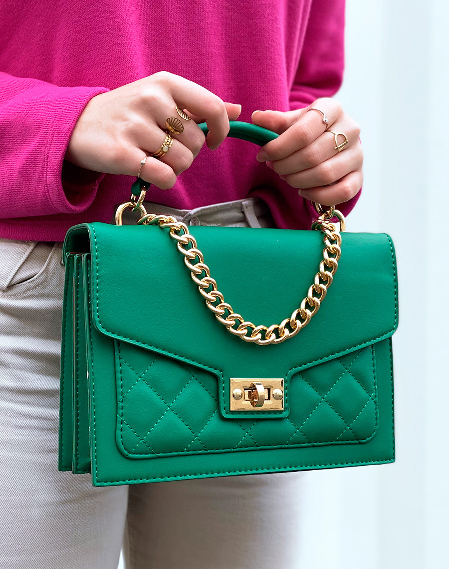 Sac à main vert style cartable à chaîne dorée