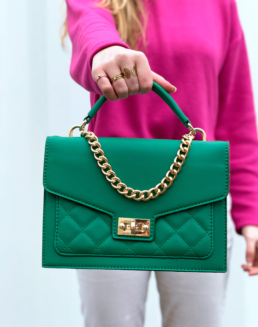 Sac à main vert style cartable à chaîne dorée