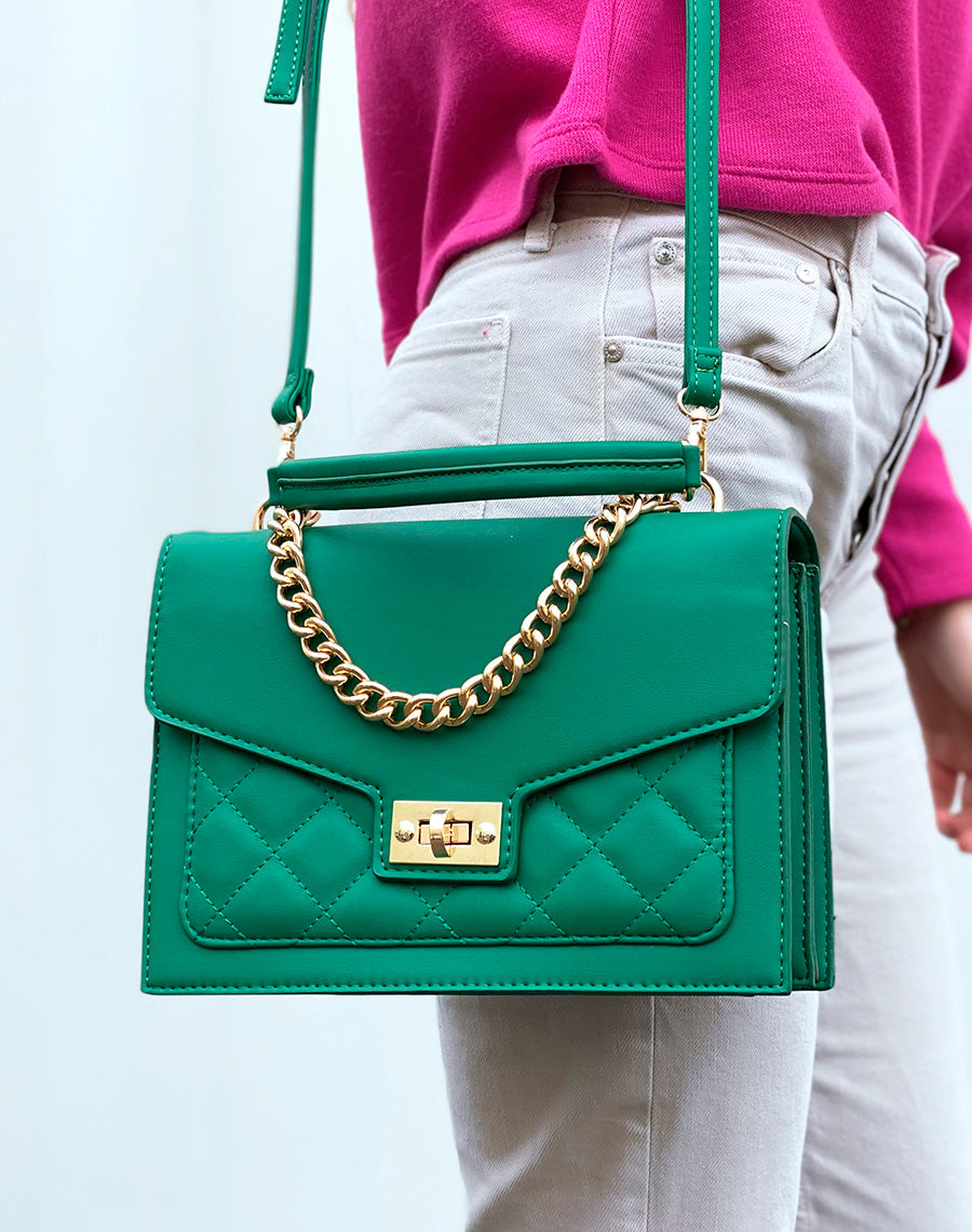 Sac à main vert style cartable à chaîne dorée