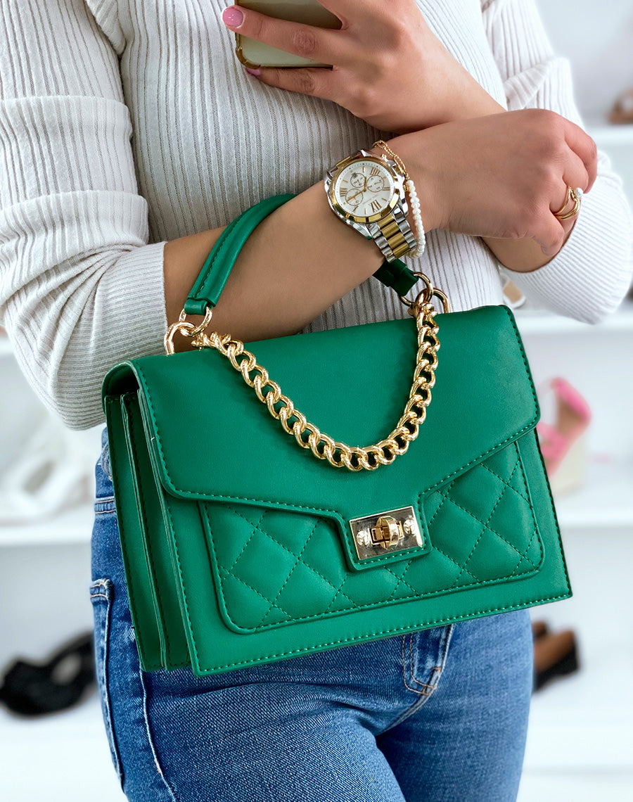 Sac à main vert style cartable à chaîne dorée