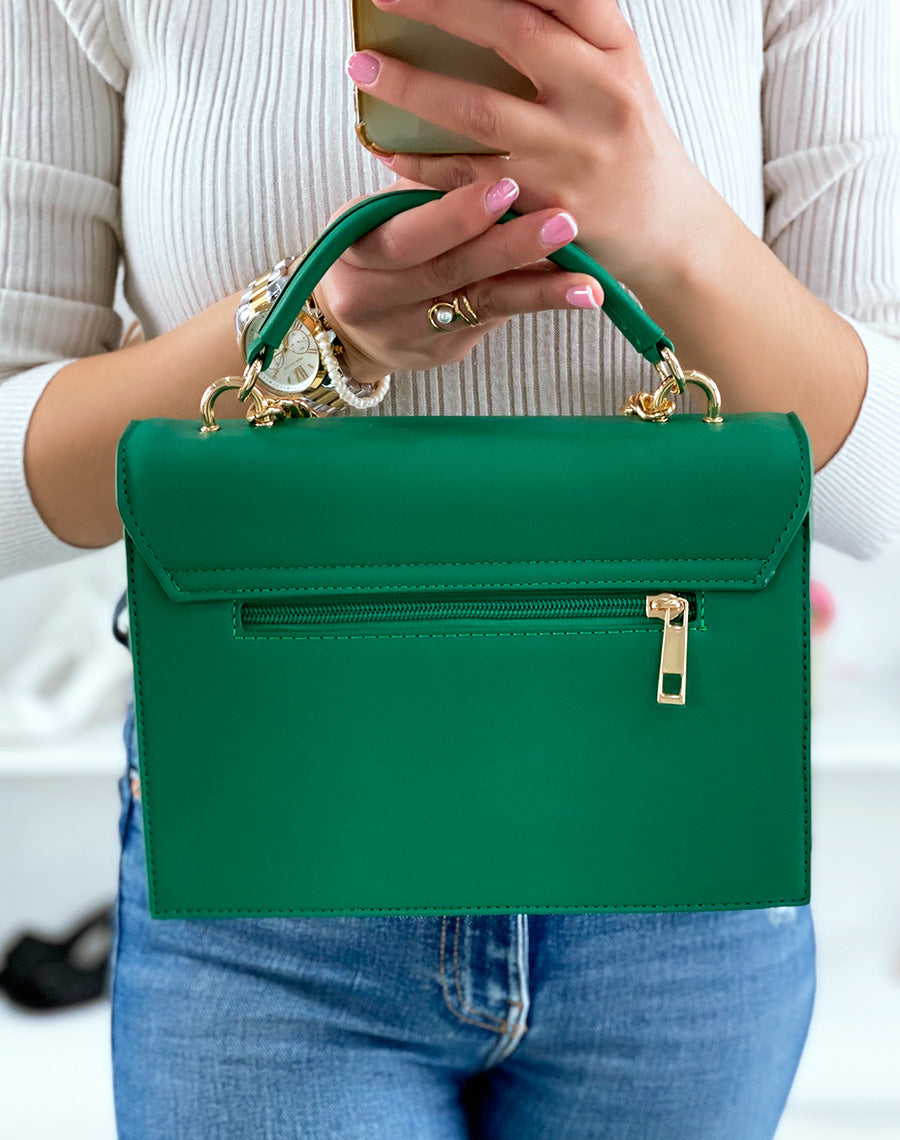 Sac à main vert style cartable à chaîne dorée