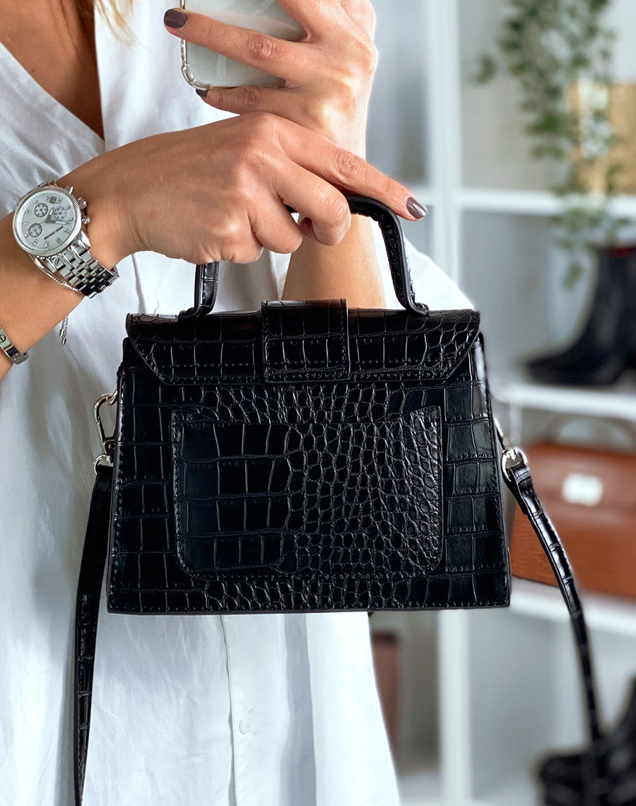 Sac mini noir effet croco à sangle carré