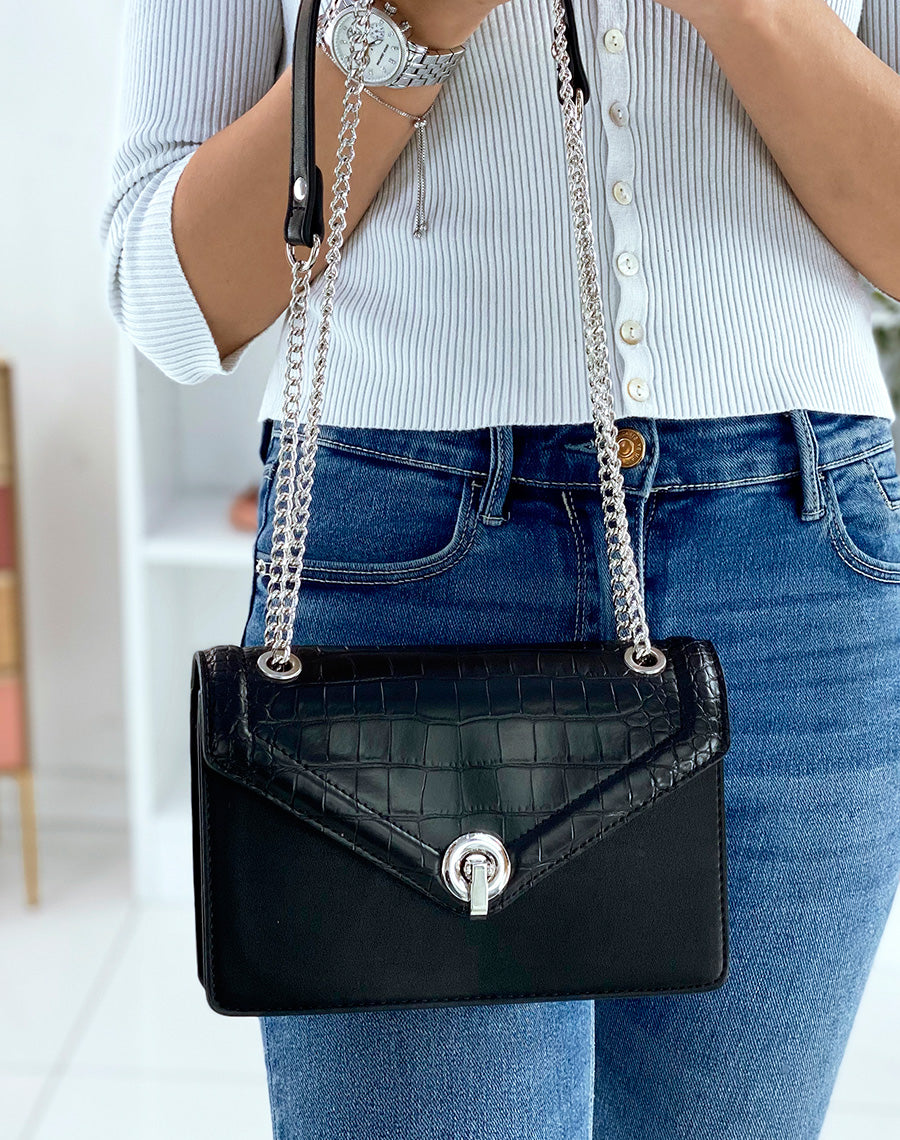 Sac noir à bandoulière bi-matière