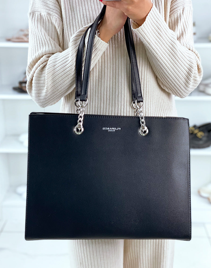 Sac noir cabas à détail argenté