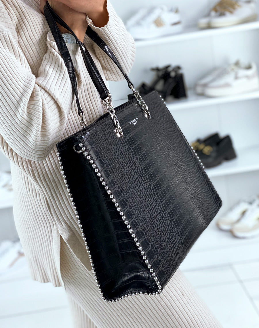 Sac noir croco cabas à détail argenté
