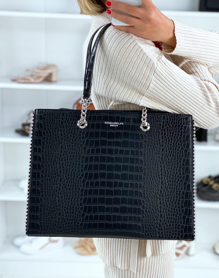 Sac noir croco cabas à détail argenté