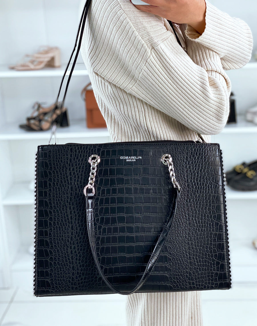 Sac noir croco cabas à détail argenté
