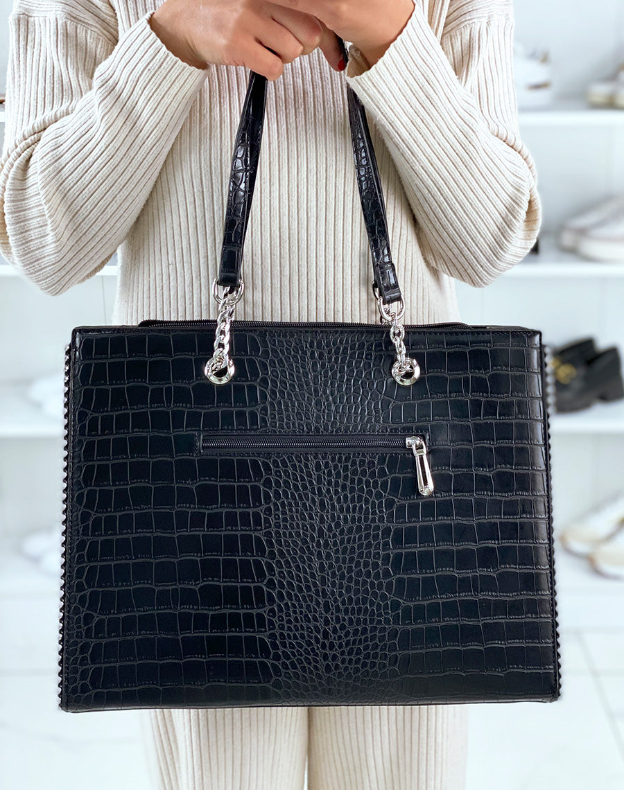 Sac noir croco cabas à détail argenté