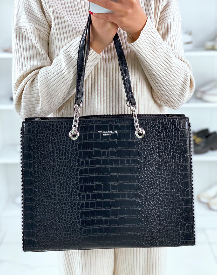 Sac noir croco cabas à détail argenté