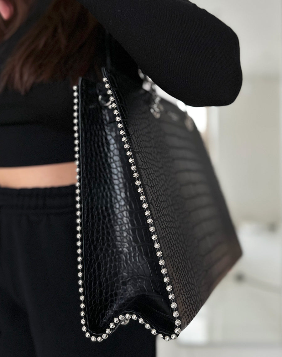 Sac noir croco cabas à détail argenté